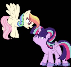 Size: 568x534 | Tagged: safe, artist:brilliantmonth, imported from derpibooru, oc, oc only, alicorn, pegasus, 2017, black background, duo, duo female, female, looking at each other, looking at someone, magical lesbian spawn, offspring, parent:fluttershy, parent:rainbow dash, parent:starlight glimmer, parent:twilight sparkle, parents:flutterdash, parents:twistarlight, simple background