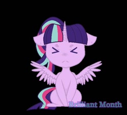 Size: 540x487 | Tagged: safe, artist:brilliantmonth, imported from derpibooru, oc, oc only, alicorn, 2017, ><, black background, eyes closed, female, floppy ears, frown, magical lesbian spawn, offspring, parent:starlight glimmer, parent:twilight sparkle, parents:twistarlight, simple background, sitting, solo