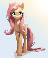 Size: 2159x2608 | Tagged: safe, artist:sierraex, imported from derpibooru, fluttershy, pegasus, pony, eyebrows, female, full body, gradient background, high res, long legs, long tail, mare, solo, tail