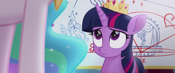 Size: 1920x804 | Tagged: safe, imported from derpibooru, screencap, princess celestia, twilight sparkle, alicorn, my little pony: the movie, chalkboard, crown, duo, duo female, female, jewelry, looking up, regalia, twilight sparkle (alicorn)