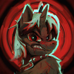 Size: 1920x1920 | Tagged: safe, artist:rvsd, imported from derpibooru, oc, oc only, pony, unicorn, abstract background, blood, collar, horn, male, scar, sharp teeth, solo, spiked collar, stallion, teeth