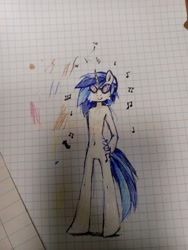 Size: 960x1280 | Tagged: safe, imported from derpibooru, dj pon-3, vinyl scratch, human, pony, unicorn, bipedal, graph paper, horn, humanized, irl, music notes, paper, photo, solo, traditional art