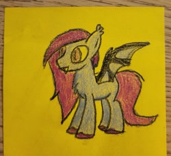 Size: 2855x2599 | Tagged: safe, artist:volk204, imported from derpibooru, bat pony, simple background, solo, traditional art, yellow background