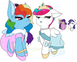 Size: 4386x3490 | Tagged: safe, artist:tkshoelace, imported from derpibooru, pipp petals, rainbow dash, rarity, zipp storm, pegasus, pony, unicorn, annoyed, clothes, crown, dress, ear fluff, ear piercing, earring, fashion horse, floppy ears, folded wings, g5, high heels, horn, jewelry, laughing, lipstick, makeover, makeup, piercing, pipp and her heroine, pipp being pipp, rarity being rarity, regalia, shoes, simple background, sunglasses, white background, wings, zipp and her heroine