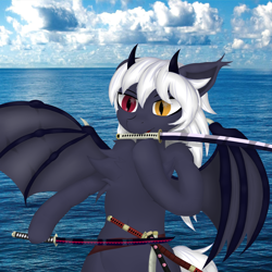 Size: 4000x4000 | Tagged: safe, artist:twinky, imported from derpibooru, oc, oc only, bat pony, semi-anthro, bat wings, belly, belly button, chest fluff, ear fluff, heterochromia, horns, katana, mouth hold, ocean, one piece, solo, spread wings, sword, water, weapon, wings
