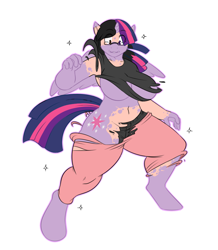 Size: 886x1017 | Tagged: safe, artist:robertge, imported from derpibooru, twilight sparkle, alicorn, anthro, human, unguligrade anthro, black hair, breasts, disappearing clothes, female, glasses, human to anthro, light skin, mid-transformation, simple background, sparkles, transformation, twilight sparkle (alicorn), white background