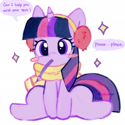 Size: 2048x2048 | Tagged: safe, artist:azhiichigo, imported from derpibooru, twilight sparkle, pony, unicorn, blushing, clothes, earmuffs, female, horn, looking at you, mare, mouth hold, scarf, simple background, sitting, solo, sparkles, speech bubble, spread legs, spreading, white background