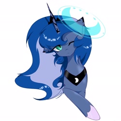 Size: 2048x2048 | Tagged: safe, artist:zhongye47342, imported from derpibooru, princess luna, alicorn, pony, bust, female, looking at you, magic, mare, one eye closed, portrait, simple background, solo, white background