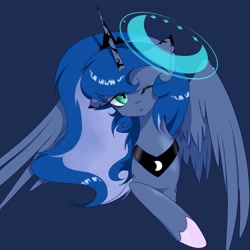 Size: 2048x2048 | Tagged: safe, alternate version, artist:zhongye47342, imported from derpibooru, princess luna, alicorn, pony, blue background, bust, dark blue background, female, looking at you, magic, mare, one eye closed, portrait, simple background, solo, spread wings, wings