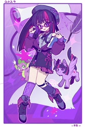 Size: 1200x1800 | Tagged: safe, artist:tamari, imported from derpibooru, spike, twilight sparkle, alicorn, dragon, human, pony, abstract background, belt, boots, clothes, female, glasses, hat, humanized, jacket, mare, parchment, quill, self paradox, self ponidox, shoes, skirt, smiling, socks, sparkle, text, twilight sparkle (alicorn)