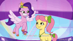 Size: 600x338 | Tagged: safe, imported from derpibooru, screencap, pipp petals, earth pony, pegasus, pony, leak, spoiler:g5, spoiler:my little pony: tell your tale, spoiler:tyts02e13, animated, female, g5, gifrun.com, italian, mare, my little pony: tell your tale, p + p = bffs, posey bloom, subtitles