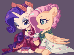 Size: 2160x1620 | Tagged: safe, artist:qiuhu17819, imported from derpibooru, fluttershy, rarity, pegasus, pony, unicorn, clothes, dress, duo, female, hat, horn, jewelry, mare, necklace, one eye closed, purple background, raised hoof, simple background, sitting, smiling