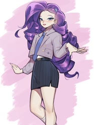 Size: 551x736 | Tagged: safe, artist:erinartista, imported from derpibooru, rarity, human, belt, blushing, clothes, coat, cute, ear piercing, earring, female, humanized, jewelry, nail polish, necktie, piercing, raribetes, skirt, socks, solo