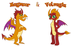 Size: 3381x2212 | Tagged: source needed, safe, anonymous artist, imported from derpibooru, oc, oc only, oc:magmoor, oc:volvagia, dragon, brother, brother and sister, closed mouth, crossed arms, description is relevant, dragoness, duo, duo male and female, eyebrows, eyelashes, eyes open, family, female, freckles, hand on hip, happy, high res, horn, implied incest, incest, looking, looking at you, looking back, looking back at you, male, name, nostrils, offspring, parent:garble, parent:smolder, parents:smolble, product of incest, show accurate, siblings, simple background, sister, smiling, smiling at you, spread wings, standing, story included, symbol, teeth, text, transparent background, twins, vector, wall of tags, wings