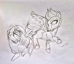 Size: 1024x886 | Tagged: safe, artist:jully-park, imported from derpibooru, pipp petals, zipp storm, pegasus, pony, duo, duo female, female, g5, looking at each other, looking at someone, mare, monochrome, royal sisters (g5), siblings, sisters, sketch, smiling, smiling at each other, traditional art