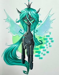 Size: 1630x2048 | Tagged: safe, alternate version, artist:dollbunnie, imported from derpibooru, queen chrysalis, changeling, changeling queen, pony, abstract background, female, mare, slit pupils, solo, traditional art