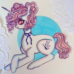 Size: 2048x2042 | Tagged: safe, artist:dollbunnie, imported from derpibooru, oc, oc only, oc:dollie, pony, unicorn, abstract background, female, horn, lying down, mare, prone, traditional art