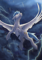 Size: 1668x2388 | Tagged: safe, artist:dorkmark, imported from derpibooru, oc, oc only, pegasus, pony, belly, flying, from below, hooves, lightning, male, muscles, rain, round belly, solo, stallion, sternocleidomastoid