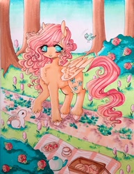 Size: 1582x2048 | Tagged: safe, artist:dollbunnie, imported from derpibooru, angel bunny, fluttershy, bird, pegasus, pony, rabbit, animal, bread, chest fluff, cookie, female, flower, food, forest, male, mare, nature, picnic, picnic blanket, rose, traditional art, tree, unshorn fetlocks