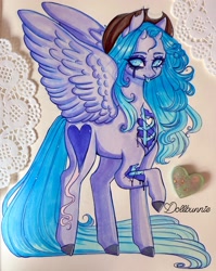 Size: 1628x2048 | Tagged: safe, artist:dollbunnie, imported from derpibooru, oc, oc only, pegasus, pony, black tears, bone, commission, cowboy hat, female, freckles, hat, horns, mare, solo, spread wings, tongue out, torn ear, traditional art, wings