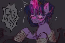 Size: 2048x1363 | Tagged: safe, artist:m4ycrowave, imported from derpibooru, twilight sparkle, alicorn, pony, alternate universe, bandage, crying, dialogue, female, glasses, magic, mare, mlp infection, pencil, solo, speech bubble, waking up, wingless