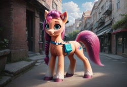 Size: 1216x832 | Tagged: safe, imported from derpibooru, sunny starscout, earth pony, ai content, ai generated, braid, chest fluff, cloud, cloudy, coat markings, ear fluff, flower, g5, generator:pony diffusion v6 xl, generator:stable diffusion, prompter:kluknawa235, smiling, socks (coat markings), solo, standing, sun