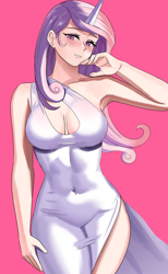 Size: 800x1297 | Tagged: safe, artist:tzc, imported from derpibooru, fleur-de-lis, human, blushing, boob window, breasts, busty fleur-de-lis, cleavage, female, horn, horned humanization, humanized, pink background, simple background, solo