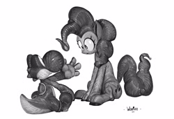 Size: 3852x2650 | Tagged: safe, artist:winpuss, imported from derpibooru, pinkie pie, dinosaur, earth pony, pony, yoshi, black and white, crossover, duo, female, grayscale, mare, monochrome, simple background, sitting, super mario bros., white background