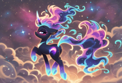 Size: 1216x832 | Tagged: prompter needed, safe, imported from derpibooru, oc, oc only, pony, unicorn, ai content, ai generated, bedroom eyes, blushing, butt, cloud, ethereal mane, ethereal tail, female, floppy ears, full body, generator:novelai, generator:stable diffusion, horn, mare, nebula, plot, seductive look, smiling, solo, stars, tail, underhoof, unicorn oc
