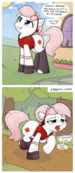 Size: 2396x5529 | Tagged: safe, artist:whiskeypanda, derpibooru exclusive, imported from derpibooru, nurse redheart, earth pony, pony, /mlp/, 2 panel comic, armband, blushing, breath, clothes, comic, confident, drawthread, drool, exercise, exhausted, female, forest, hairband, haruno sakura, house, jacket, naruto, nature, open mouth, outdoors, panting, running, socks, solo, speech bubble, sunny day, sweat, talking to herself, tree