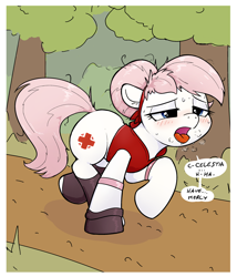 Size: 2396x2801 | Tagged: safe, alternate version, artist:whiskeypanda, derpibooru exclusive, imported from derpibooru, nurse redheart, earth pony, pony, /mlp/, armband, blushing, breath, clothes, comic, cropped, drawthread, drool, exercise, exhausted, female, forest, hairband, haruno sakura, jacket, naruto, nature, open mouth, outdoors, panting, running, socks, solo, speech bubble, sunny day, sweat, talking to herself, tree