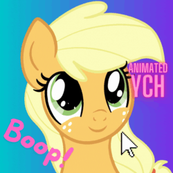 Size: 1080x1080 | Tagged: safe, artist:lannielona, imported from derpibooru, applejack, earth pony, pony, advertisement, animated, boop, bust, click, commission, cursor, cute, eye shimmer, female, freckles, gradient background, jackabetes, mare, portrait, solo, sparkly eyes, wingding eyes, your character here