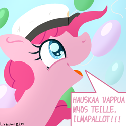 Size: 1300x1300 | Tagged: safe, artist:lindasaurie, derpibooru exclusive, imported from derpibooru, pinkie pie, earth pony, pony, balloon, female, finland, finnish, graduation cap, happy, hat, holiday, lineless, looking up, mare, open mouth, signature, sky background, solo, speech bubble, talking to objects, text, that pony sure does love balloons, vappu