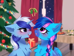 Size: 1280x984 | Tagged: safe, artist:arllistar, imported from derpibooru, minuette, twinkleshine, oc, oc:laser shine, pegasus, pony, unicorn, blushing, braid, braided ponytail, canon x oc, chest fluff, christmas, christmas tree, commission, duo, duo female, ear fluff, facial markings, female, holiday, holly, holly mistaken for mistletoe, horn, lesbian, mare, mealy mouth (coat marking), ponytail, present, shipping, table, tree, twinklette, unshorn fetlocks, ych result