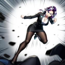 Size: 1024x1024 | Tagged: prompter needed, safe, imported from derpibooru, starlight glimmer, human, equestria girls, ai content, ai generated, breasts, business suit, cleavage, clothes, female, generator:novelai, generator:stable diffusion, high heels, kick, legs, martial arts, pantyhose, shoes, skirt, stomping, suit, upskirt