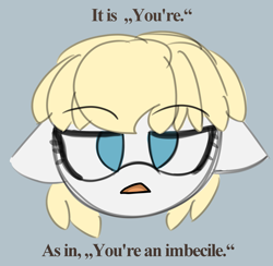 Size: 2175x2125 | Tagged: safe, artist:allhallowsboon, imported from derpibooru, oc, oc only, oc:full stop, earth pony, pony, bangs, blue eyes, disapproval, disembodied head, english, female, female focus, floppy ears, gray background, looking at you, mare, png, simple background, solo, solo focus, talking to viewer, text, yellow mane