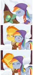 Size: 2160x4936 | Tagged: safe, artist:raincrash, imported from derpibooru, rainbow dash, spitfire, tank, pegasus, pony, tanks for the memories, clothes, crying, female, kissing, lesbian, scarf, shipping, snow, snowfall, spitdash, support, tears of joy, tree