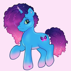 Size: 736x740 | Tagged: safe, artist:kreeeeeez, imported from derpibooru, pony, unicorn, g3, g5, g5 to g3, generation leap, gradient mane, gradient tail, green eyes, horn, misty brightdawn, multicolored mane, multicolored tail, pink background, rebirth misty, simple background, solo, sparkles, style emulation, tail, vulgar description