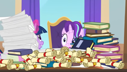 Size: 1261x715 | Tagged: safe, imported from derpibooru, screencap, starlight glimmer, twilight sparkle, alicorn, a matter of principals, book, chair, duo, duo female, female, magic, school of friendship, scroll, table, twilight sparkle (alicorn), twilight's office