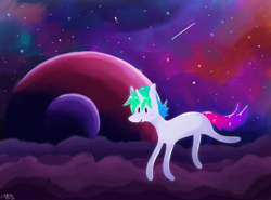 Size: 2500x1848 | Tagged: safe, artist:horselamp, imported from derpibooru, oc, oc only, oc:municorn, unicorn, horn, nebula, planet, shooting star, solo, space