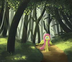 Size: 2122x1819 | Tagged: safe, artist:horselamp, imported from derpibooru, fluttershy, pegasus, crepuscular rays, forest, nature, solo, tree