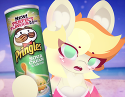 Size: 4096x3185 | Tagged: safe, artist:sodapop sprays, imported from derpibooru, oc, oc:sodapop sprays, pegasus, pony, beach, blushing, chips, clothes, ear fluff, eye clipping through hair, food, happy, hawaii, looking at you, meme, potato chips, pran of cingles, pringles, shirt, solo