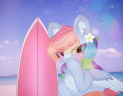 Size: 4096x3185 | Tagged: safe, artist:sodapop sprays, imported from derpibooru, rainbow dash, pegasus, pony, alternate hairstyle, beach, blushing, chest fluff, ear fluff, ear piercing, earring, flower, flower in hair, hawaii, jewelry, looking at you, ocean, photo, piercing, solo, surfboard, water
