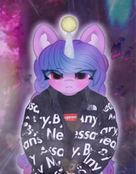 Size: 4096x5264 | Tagged: safe, artist:sodapop sprays, imported from derpibooru, izzy moonbow, oc, pony, unicorn, ball, clothes, ear fluff, eye clipping through hair, forest, g5, goku drip, horn, hornball, izzy's tennis ball, jacket, looking at you, meme, nature, rizzy moonbow, solo, supreme, tennis ball, tree