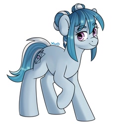 Size: 1167x1280 | Tagged: safe, artist:xwosya, imported from derpibooru, oc, oc:naomi blue, earth pony, pony, female, hair bun, looking at you, pink eyes, raised hoof, simple background, smiling, smiling at you, solo, standing, white background