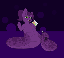 Size: 2000x1800 | Tagged: safe, alternate version, artist:vesper, imported from derpibooru, oc, oc only, oc:poison perfect, lamia, original species, snake, snake pony, belly, belly button, belly piercing, big belly, big tail, bottle, candy, chubby, coils, fangs, fat, fat tail, female, food, gem, green eyes, gummy bears, looking at you, mare, open mouth, overweight, piercing, ponytail, purple background, purple coat, purple mane, simple background, smiling, smiling at you, snakepony, soda, soda bottle, solo, spots, tail, thick tail, waving, waving at you