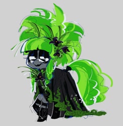 Size: 1335x1370 | Tagged: safe, artist:fryologyyy, imported from derpibooru, oc, oc only, oc:grawlix, earth pony, pony, black dress, black lipstick, boots, braid, clothes, colored sketch, dress, earth pony oc, eyelashes, eyeshadow, flower, flower in hair, gala dress, gala outfit, glasses, goth, gown, gray background, gray coat, green mane, hair accessory, hoof boots, hoof shoes, lidded eyes, lipstick, long dress, long mane, long tail, makeup, mane accessory, raised hoof, shoes, simple background, sketch, smiling, solo, square glasses, standing, tail, tied mane, two toned mane, two toned tail