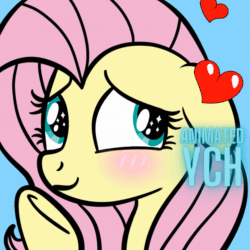 Size: 1080x1080 | Tagged: safe, artist:lannielona, imported from derpibooru, fluttershy, pony, advertisement, animated, blue background, blushing, commission, cute, floating heart, gif, heart, looking back, shy, shyabetes, simple background, smiling, solo, sparkly eyes, underhoof, wingding eyes, your character here