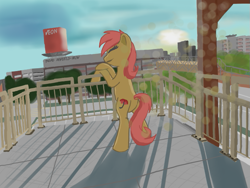 Size: 705x529 | Tagged: safe, artist:aklesswift, imported from derpibooru, oc, oc only, earth pony, background, day, female, happy, mare, railing, rear view, standing