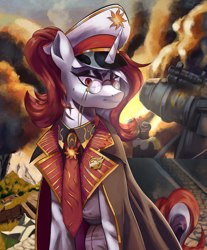 Size: 2864x3464 | Tagged: safe, artist:fly over, imported from derpibooru, oc, oc:red rocket, pony, unicorn, equestria at war mod, badge, cap, cloak, clothes, female, forest, glasses, hat, horn, lidded eyes, mare, morning, nature, necktie, scenery, solar empire, tree, tricolor mane, uniform